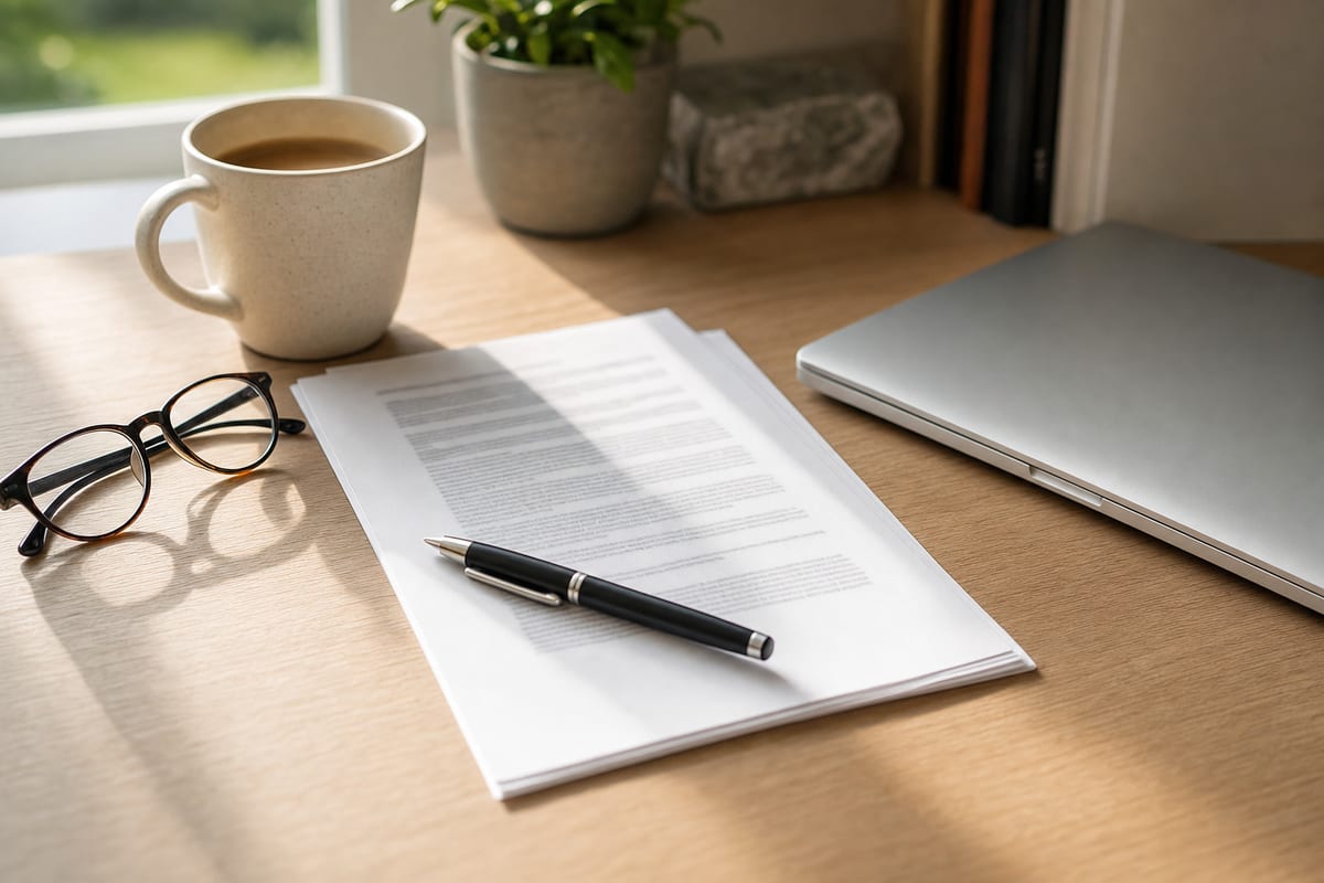 A printed contract document with figures blurred, a pen resting on it, a pair of reading glasses, and a coffee cup on a clean light wood desk in warm daylight