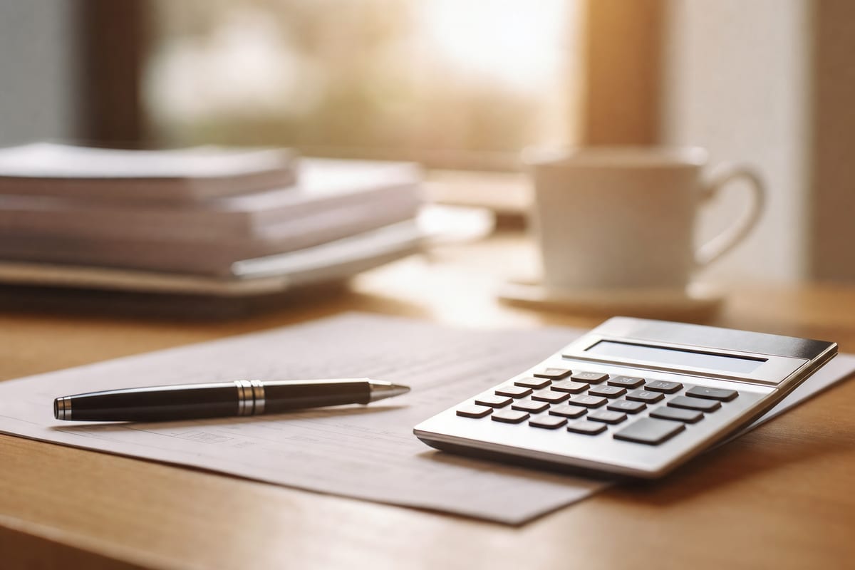 A desk with a royalty statement printout, a calculator, and a pen under warm natural light