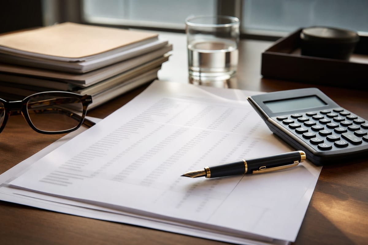 A desk with royalty statements, a financial calculator, a pen, and reading glasses arranged in warm natural light, suggesting careful financial review