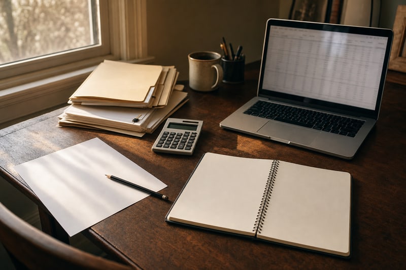 Photograph of a warm wooden desk near a window in morning light: organized songwriter royalty paperwork in manila folders, a simple calculator, a pencil resting on a blank sheet, an open spiral notebook, and a laptop showing a blurred non-readable spreadsheet. Natural side light, quiet documentary still-life, restrained Americana palette.