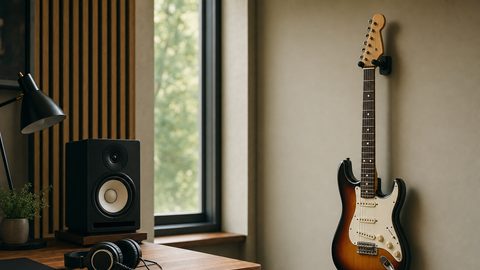 An electric guitar on a wall hanger above a home studio desk with headphones and a laptop