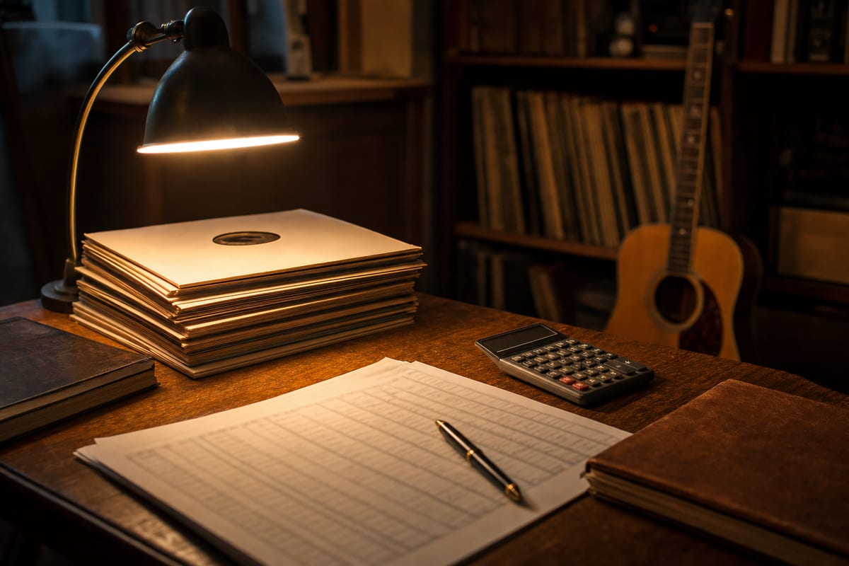 An evening desk with a stack of vinyl records, a printed earnings ledger with blurred numbers, and a desk lamp, an acoustic guitar resting against a bookshelf in the background