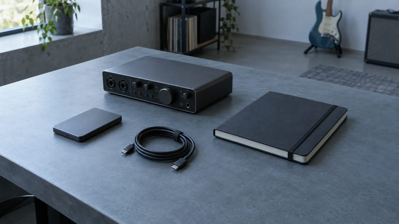 Cool blue-grey studio surface with an unmarked solid-state drive, coiled cable, audio interface, and closed notebook.