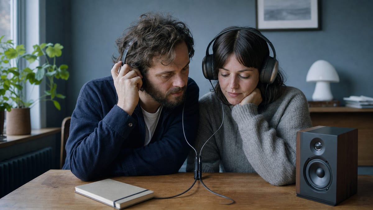 A songwriter and one listener share headphones in a quiet listening room, with a closed notebook and a small speaker on a nearby table.