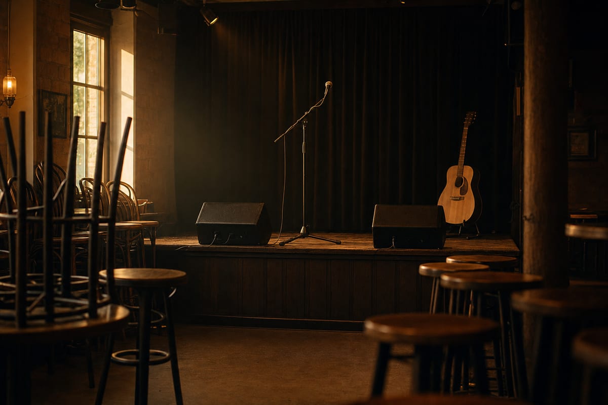 An empty small live-music club in warm afternoon light before doors open, viewed from the back of the room toward a modest stage with a single mic stand and stage monitors, empty bar stools and soft window light, no people, no readable text.