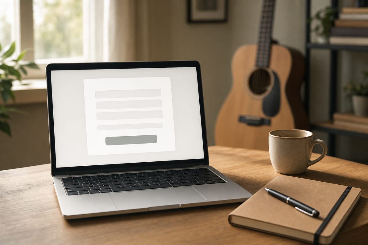 A tidy desk with an open laptop showing a blank sign-up form layout, a notebook, and a resting acoustic guitar in soft natural light, no readable text.