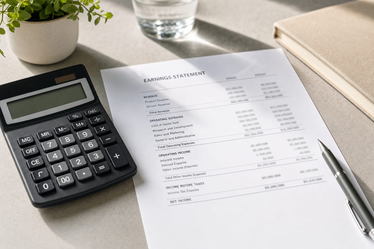 A clean editorial flat-lay on a light gray desk: a basic desktop calculator, a printed earnings statement with figures blurred, a pen, and a small notebook in crisp daylight