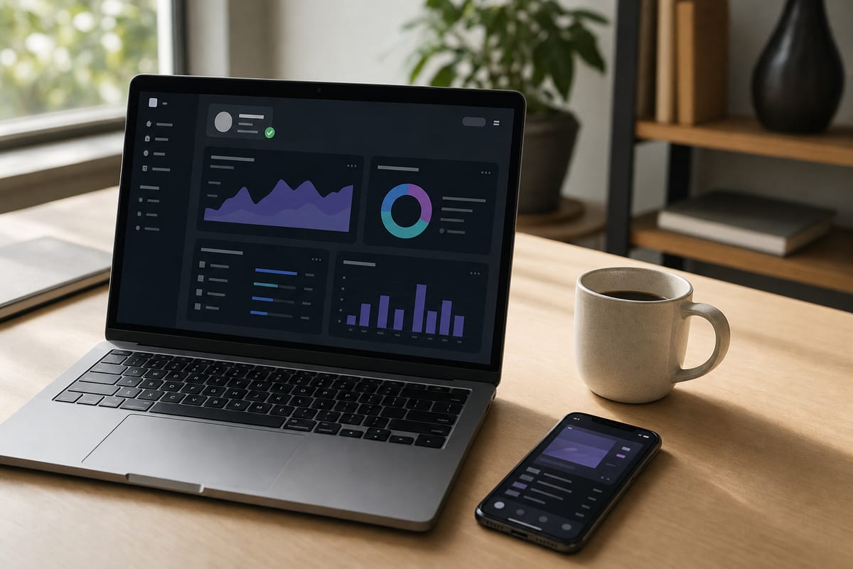 A laptop on a clean desk showing a music dashboard with a profile checkmark badge, beside a coffee cup and a phone in warm natural light