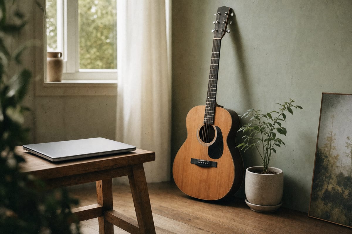 Editorial photo: a musician checking a phone showing a playlist screen at a kitchen table, morning light, headphones resting nearby, no readable text