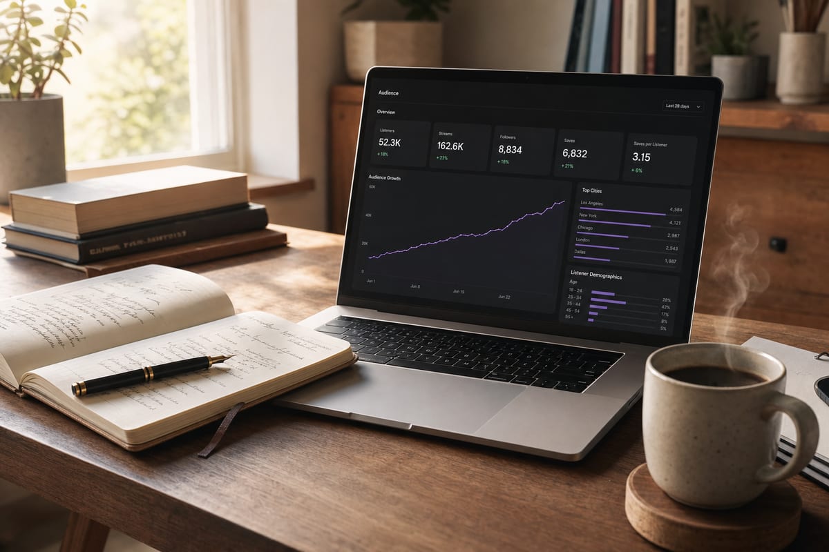 An organized workspace with an open laptop showing a music analytics dashboard, a notebook with handwritten notes, and a coffee cup in warm natural morning light