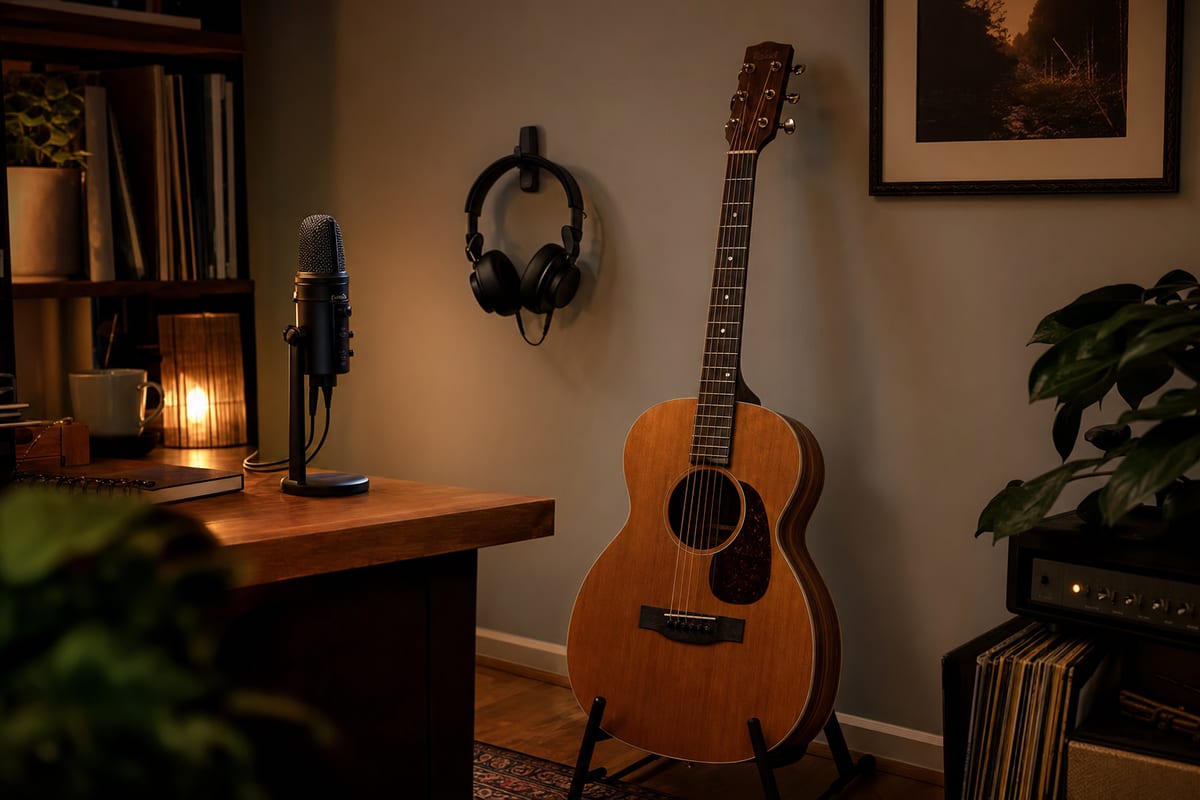 A warm home-studio still life: an acoustic guitar on a stand beside a small condenser microphone on a desktop stand and closed-back headphones hung on a hook, soft warm lamplight, wood tones, no person present