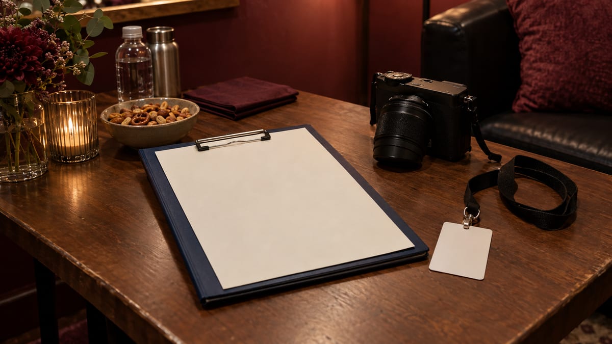A blank one-page sheet on a blue folder rests on a burgundy green-room table beside an unbranded camera and blank pass.
