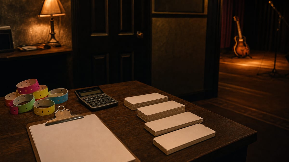 A small venue ticketing desk with a blank price worksheet, calculator, wristbands, and a guitar resting on a stand in warm backstage light, no readable text.