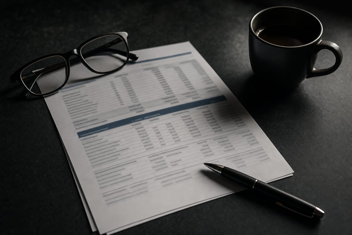 A flat-lay overhead shot on a dark charcoal slate surface showing a multi-column statement with blurred figures, reading glasses, a pen, and a coffee cup in dramatic low-key side lighting