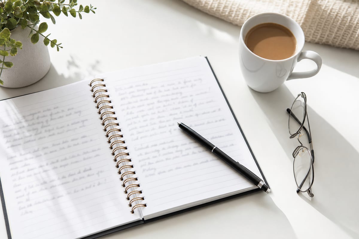 A bright editorial flat-lay on a white desk: an open spiral notebook with handwriting softly blurred and unreadable, a pen lying across it, a mug of coffee, and a pair of reading glasses in crisp daylight with a light neutral palette.