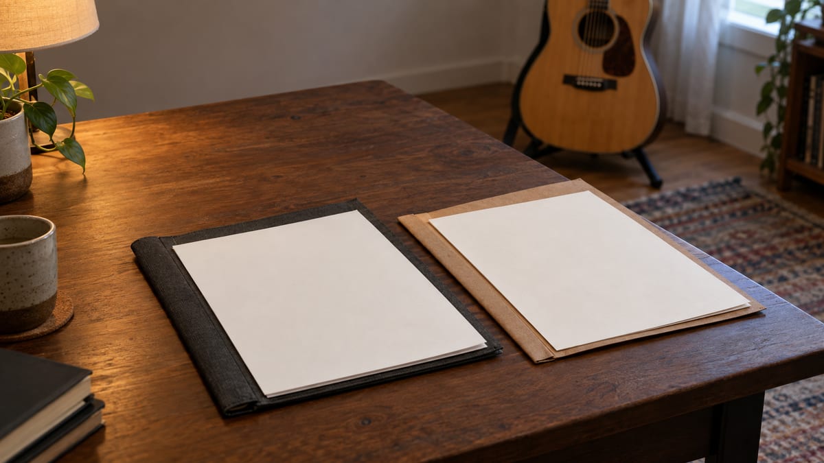 Two blank contract folders rest on a songwriter's desk beside an acoustic guitar.