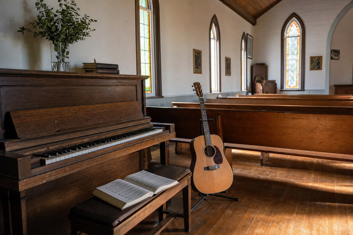 Photograph of a small wooden country church interior in soft daylight: an upright piano on the left with an open hymnal on the bench showing notation, an acoustic guitar leaning against the end of a pew, a row of long wooden pews running back toward the rear of the room, tall arched stained-glass windows along the side wall, a green plant in a glass vase on top of the piano, and warm wood floors catching window light.