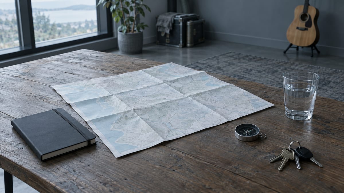 Cool blue-grey planning table with a blank folded map, closed notebook, compass, and van keys.