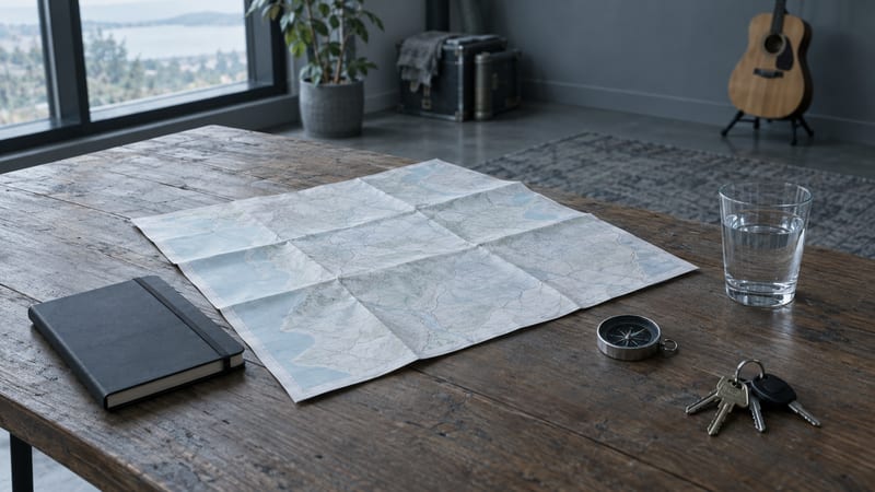 Cool blue-grey planning table with a blank folded map, closed notebook, compass, and van keys.