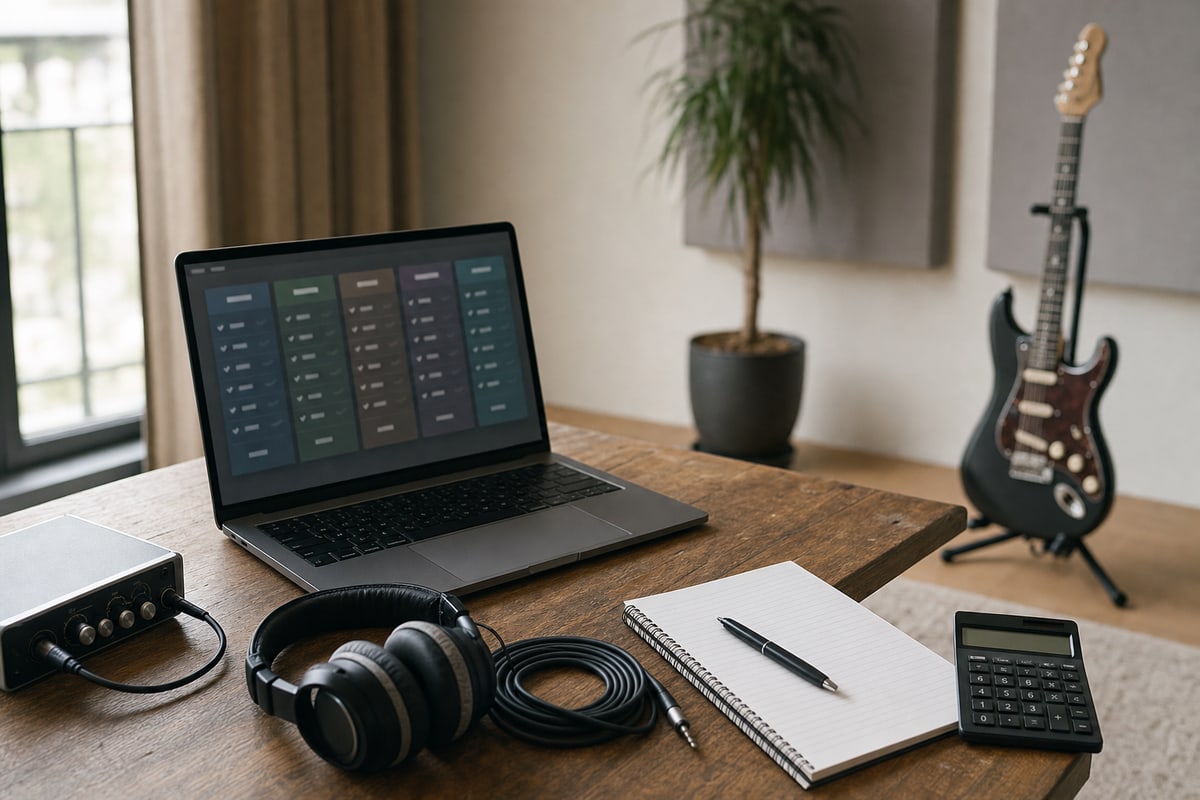 Photograph of an independent artist's small home office in soft window light: a closed laptop on a wooden desk, a paper notebook open to a handwritten decision-tree diagram, a stack of release-schedule index cards held by a binder clip, a low brass desk lamp, a ceramic mug, an audio interface, an electric guitar on a stand against the wall, and a small framed photograph above the desk.