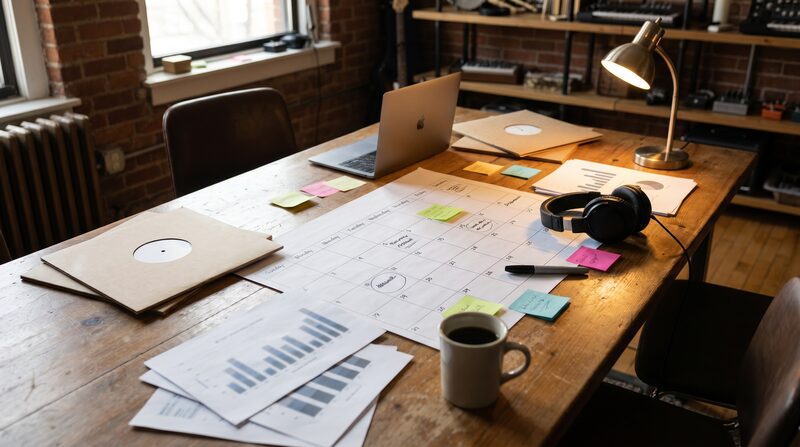 Independent label development table with release calendar and headphones.