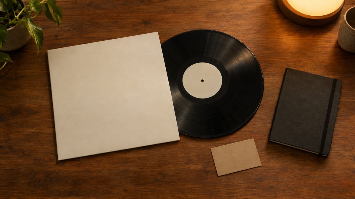 A quiet overhead music desk with a blank record sleeve, a small unmarked package card, and a closed notebook, with no visible writing.