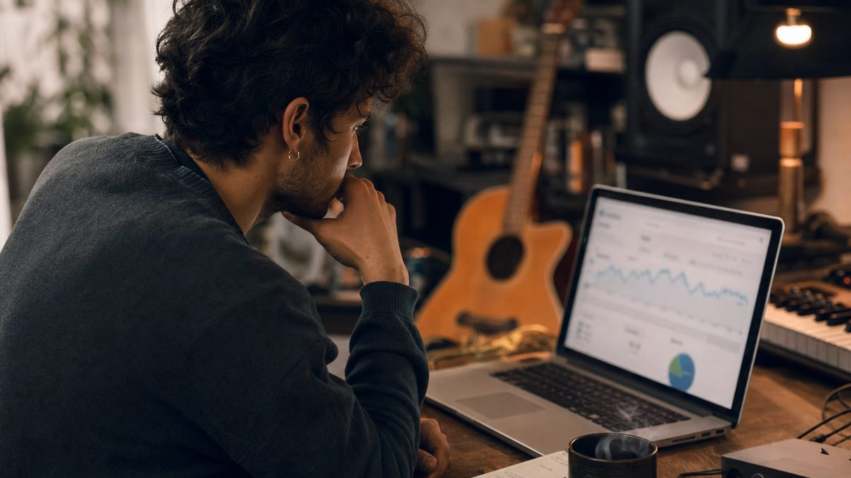 An independent artist reviewing Spotify for Artists dashboard data on a laptop