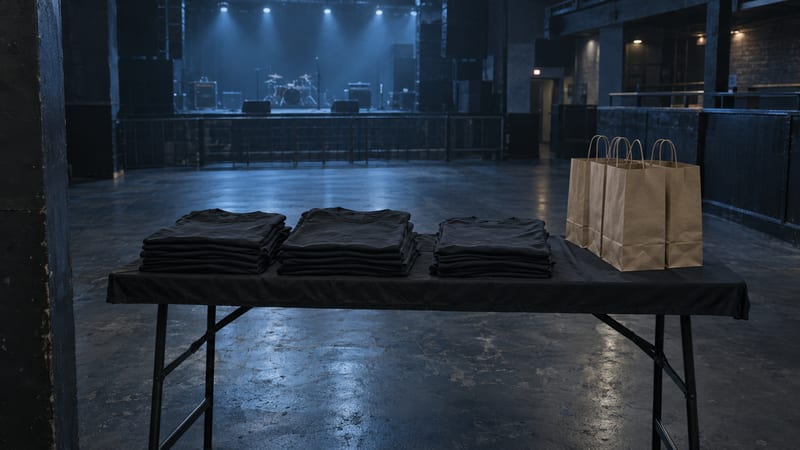 Cool blue-gray concert merch area with unprinted folded shirts, a blank tabletop display, and a dim stage beyond.