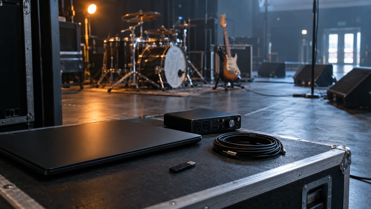 A closed laptop, audio interface, coiled spare cable, and blank USB drive rest side-stage before doors.
