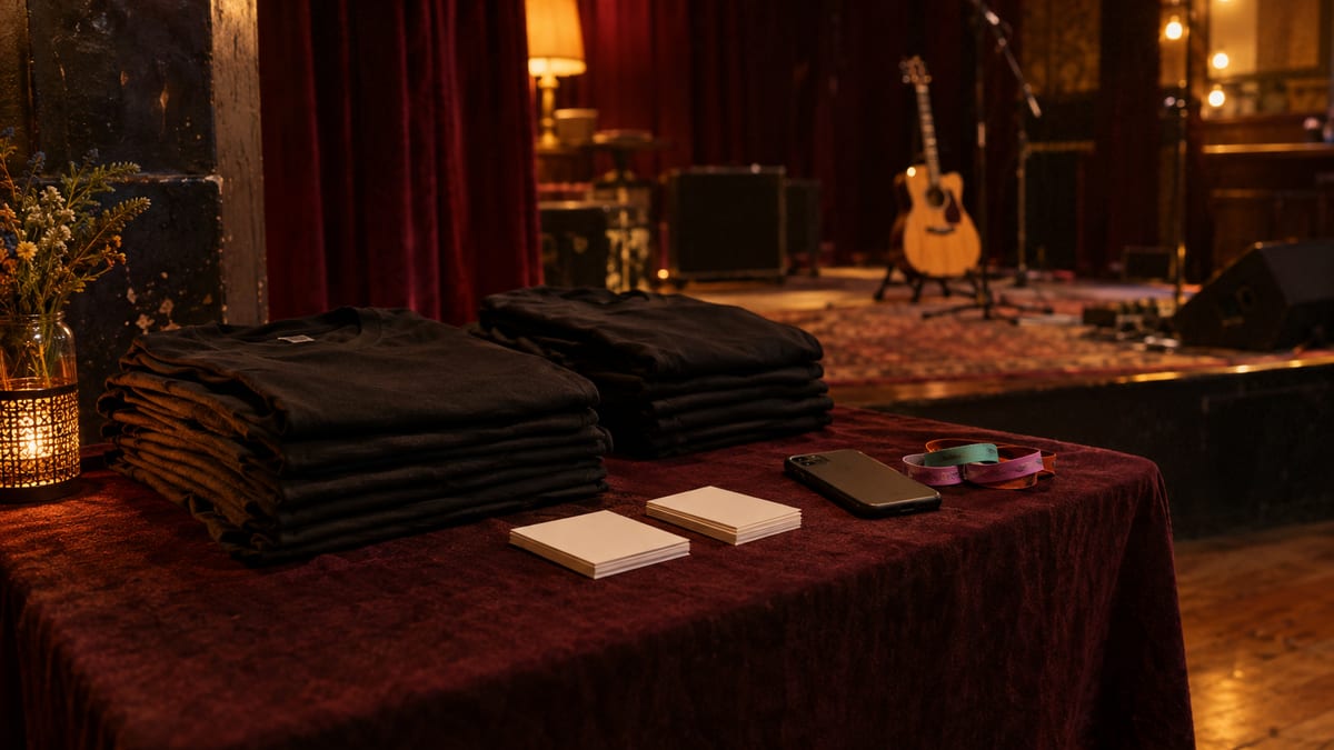 Blank signup cards and unbranded shirts sit on a burgundy merch table beside a phone in a small venue.
