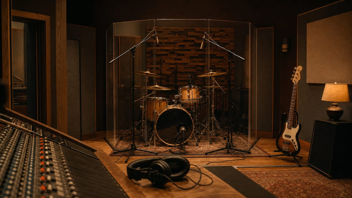 A small recording studio is set for a band session, with a drum kit, two microphones, a guitar resting on a stand, and headphones on a quiet mixing desk.