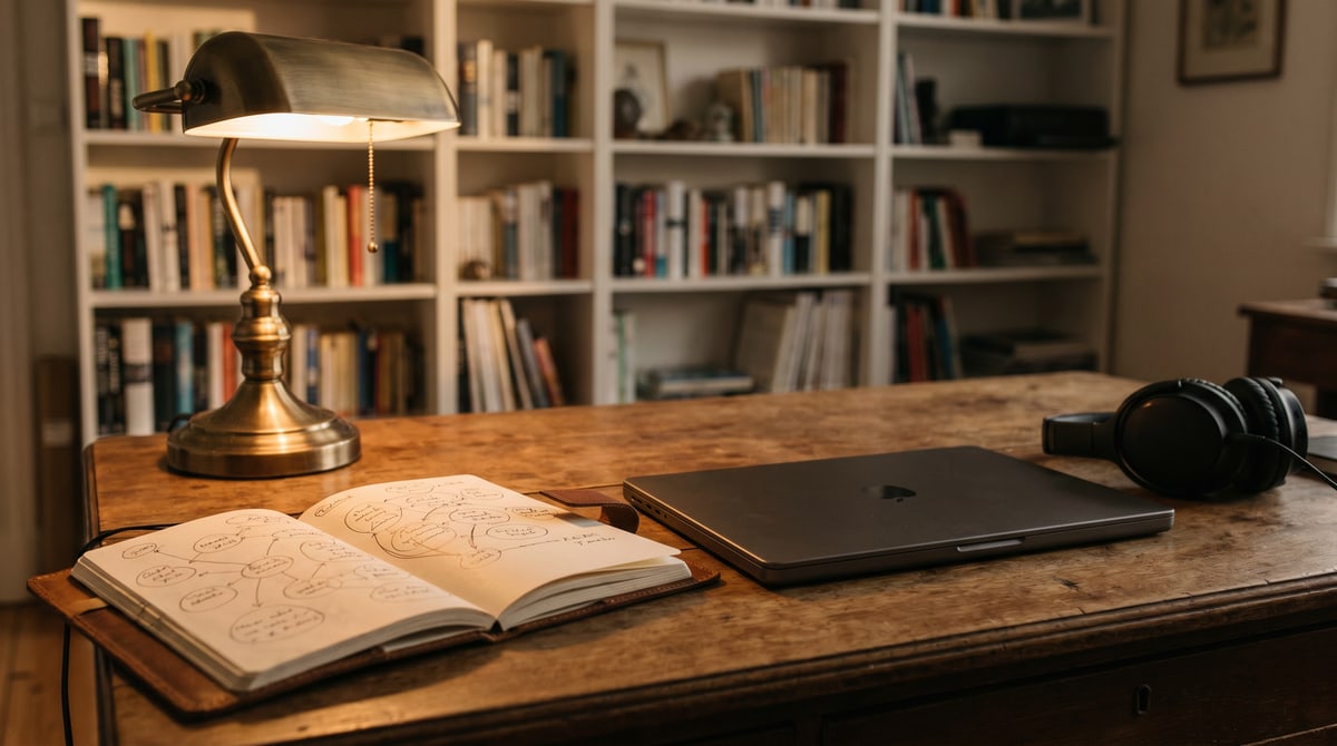 Editorial photograph of a wooden desk with a laptop showing an AI answer engine result that cites a publication, a notebook with hand notes, and a coffee mug in soft daylight.