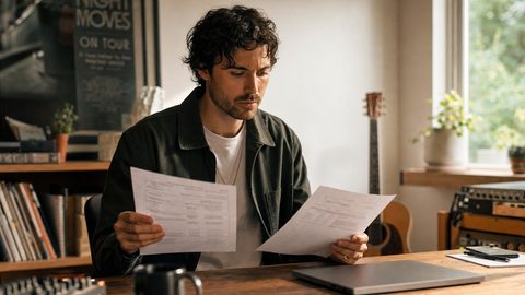An independent musician comparing two royalty statements side by side at a home studio desk
