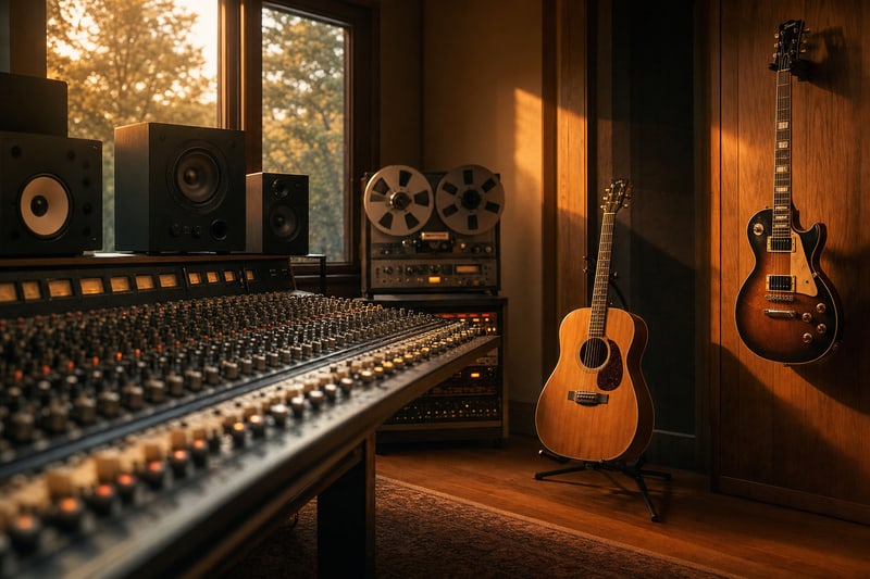 A recording studio control room with a mixing console and guitars resting on stands