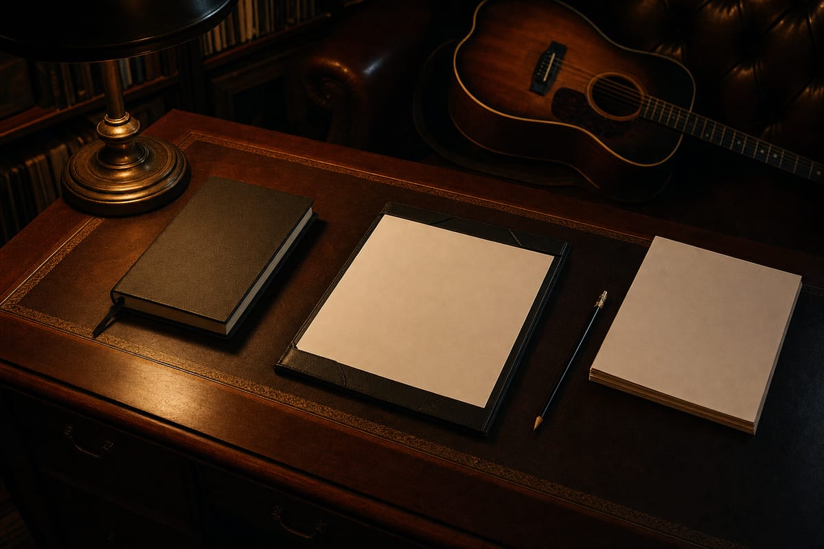 Dark amber desk with closed notebooks, a blank contract folder, plain papers, pencil, lamp, and a guitar resting in the background.