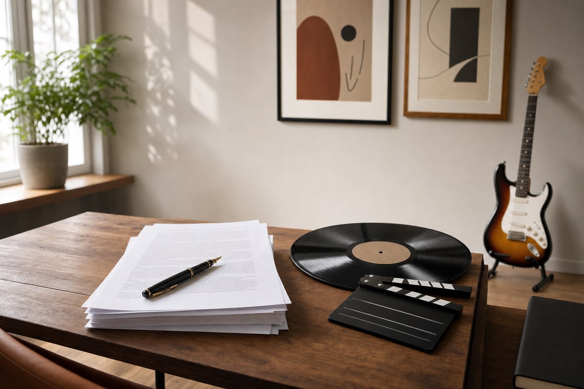 A desk with printed paperwork and a fountain pen, a vinyl record and a small film clapperboard side by side, and an electric guitar leaning against the wall in the background