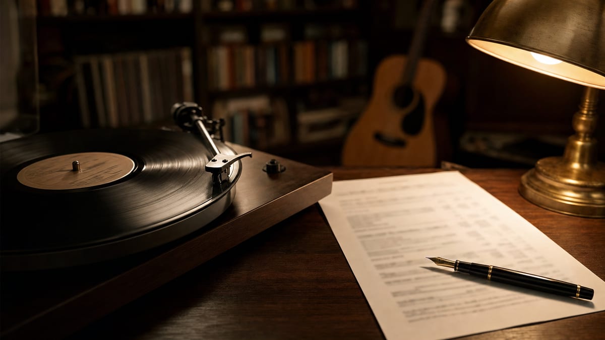 A vinyl record on a turntable beside a printed royalty statement and a pen on a warm wooden surface, with an acoustic guitar resting against the wall in the background