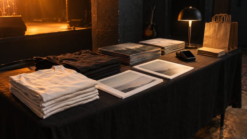 Warm amber small-venue merch table with folded shirts, blank art prints, records, paper bags, and a dark card reader before doors.