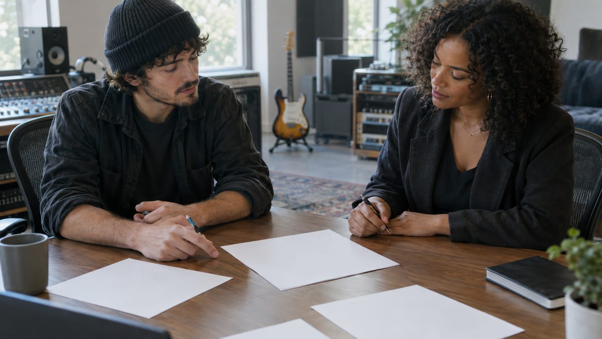 A rights holder and music supervisor review unmarked agreement pages at a studio desk, with a guitar resting on a stand in the soft-focus background.