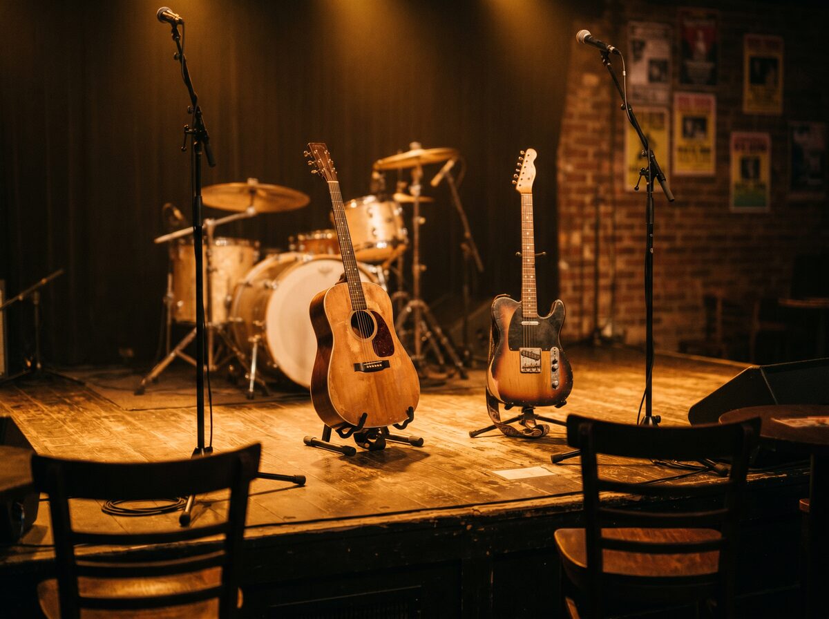 Editorial photograph of an empty small-venue country stage in warm lamp light: an acoustic dreadnought guitar and a worn Telecaster electric guitar on stands at the front edge, two microphones on stands flanking them, a vintage drum kit set up behind, a brick wall papered with old show posters at stage right, and two wooden chairs at the foot of the stage.