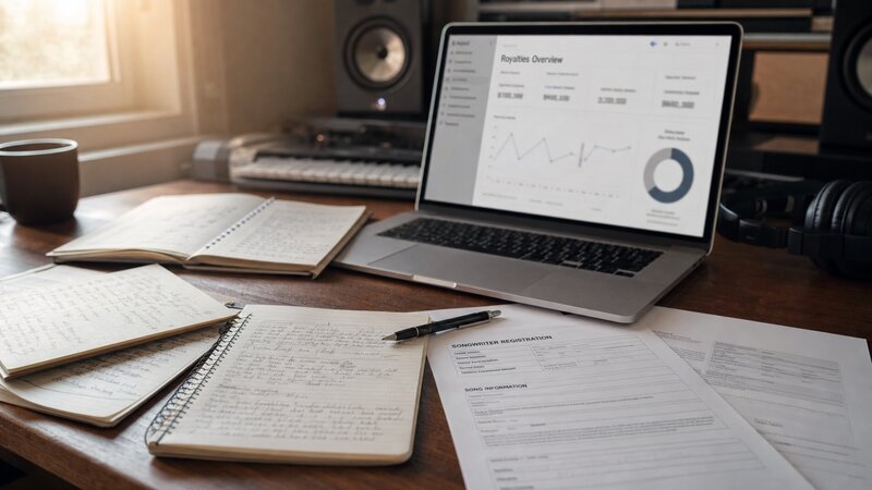 A stack of blank music publishing contracts on a wooden desk with a single pen across them.