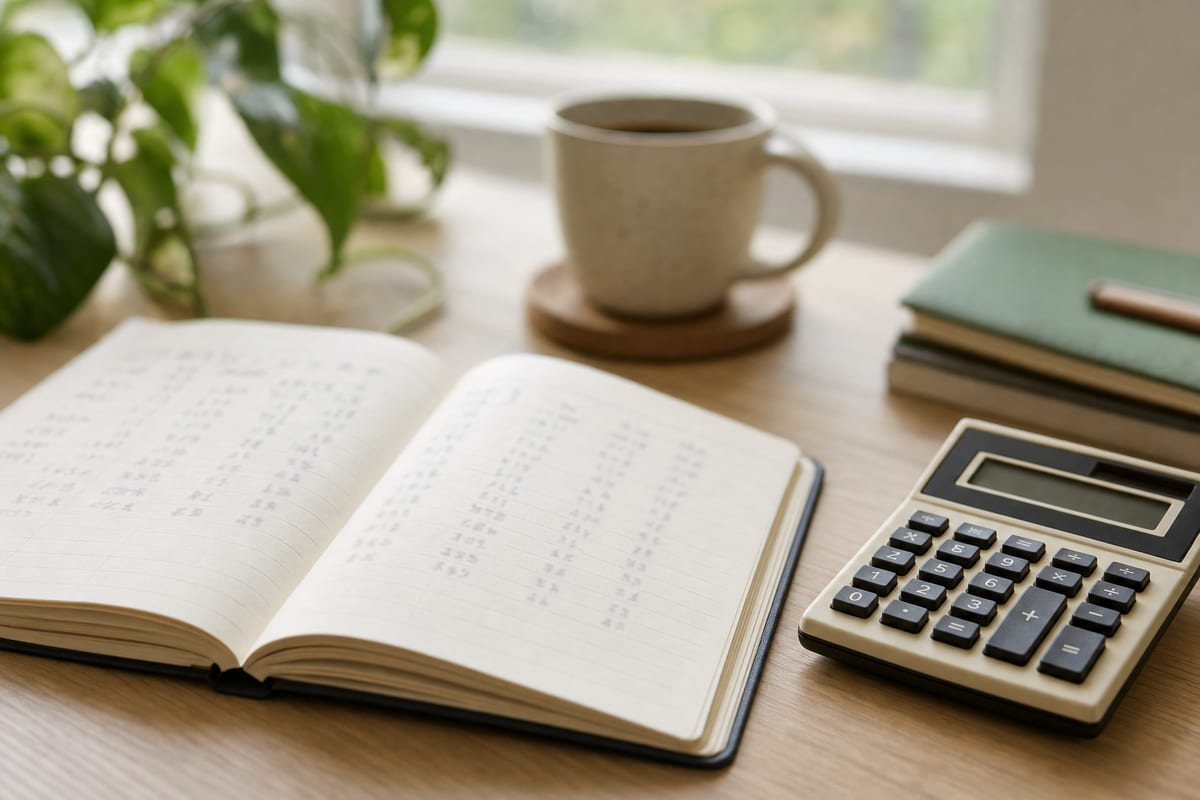 Editorial photo: close-up of a notebook with handwritten columns and a small calculator on a wooden desk; soft daylight; no readable numbers.