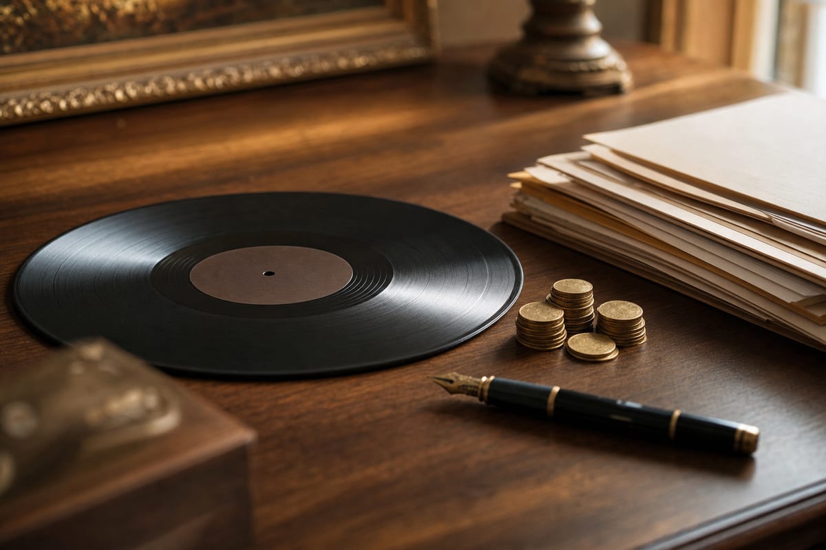 A warm walnut desk with a vinyl record, stacked papers, gold coins, and a fountain pen in soft directional window light suggesting an asset being appraised