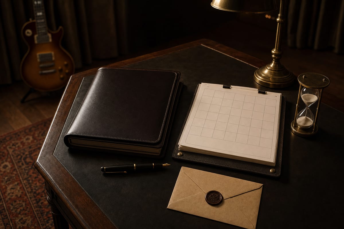 Dark amber contract-planning desk with a closed binder, blank calendar pages, fountain pen, and a guitar leaning on a stand in the background, no readable text.
