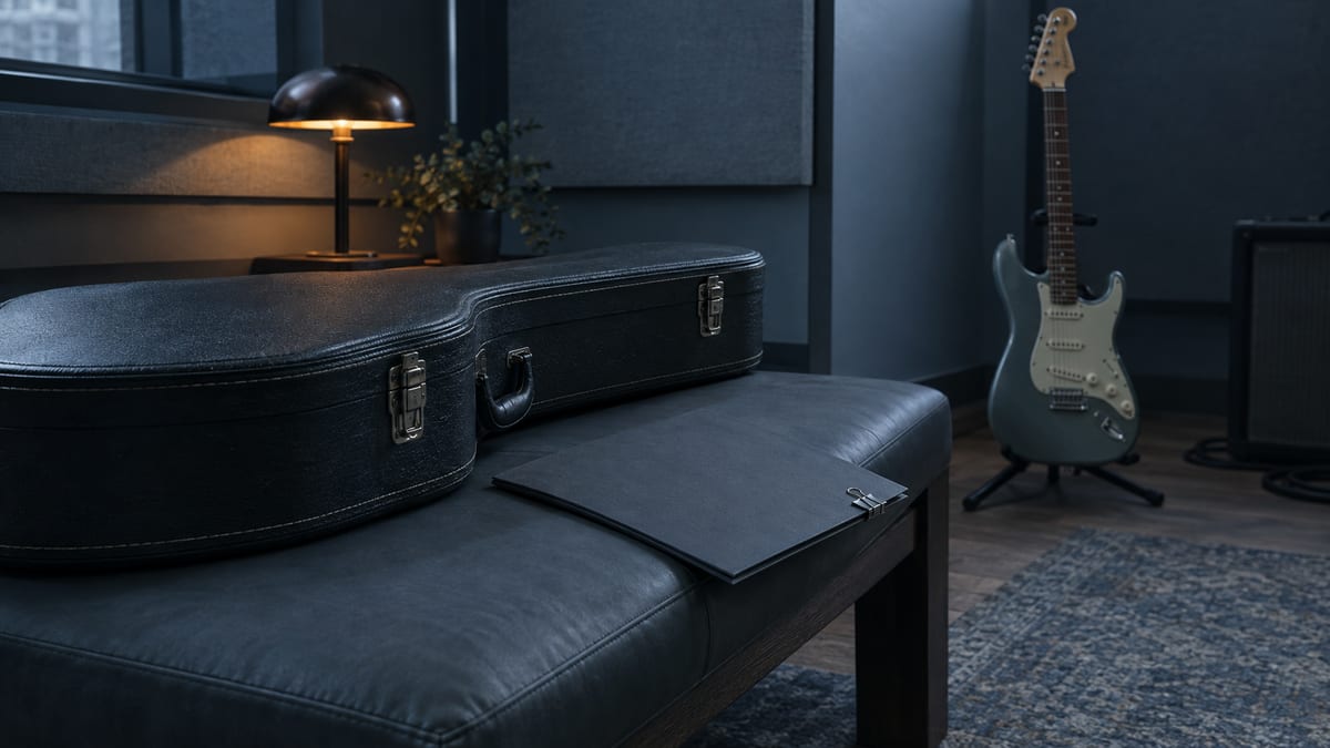 A closed guitar case and a blank clipped folder rest on a studio bench beside a guitar on a stand.