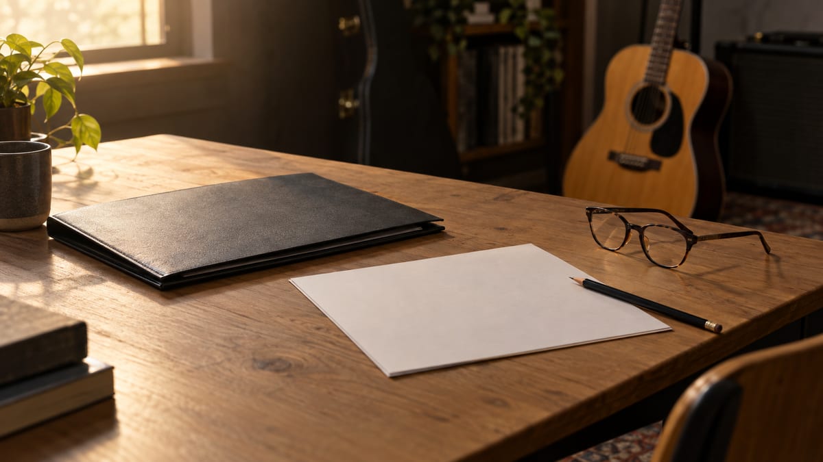 Neutral wooden desk with a closed contract folder, blank paper, pencil, reading glasses, and a guitar resting softly in the background.