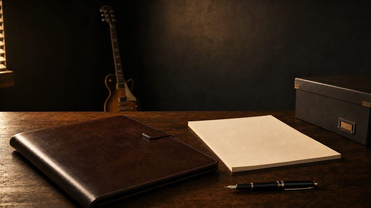 Dark amber rights desk with closed leather folder, blank paper, fountain pen, archive box, and a guitar resting against the wall.