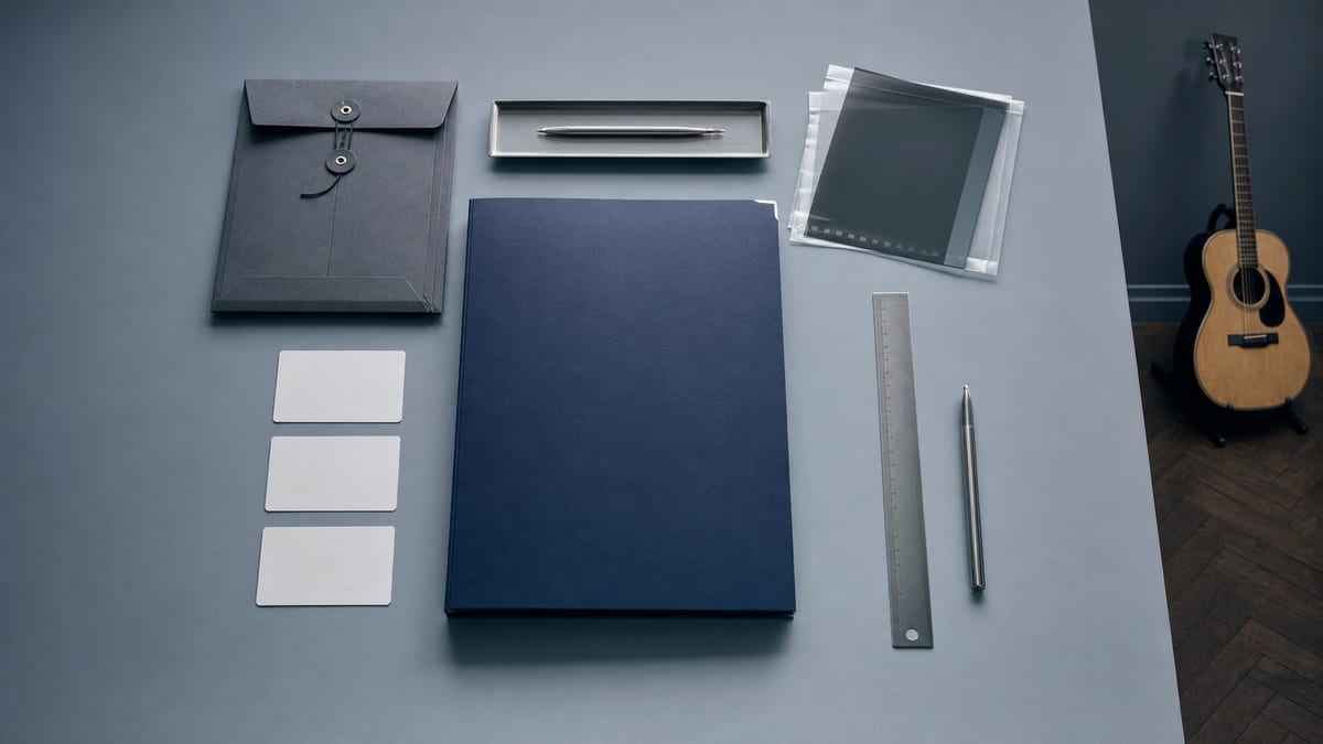 Cool overhead desk with a closed navy folder, blank credit cards, ruler, pen, and a small intact acoustic guitar resting at the edge.