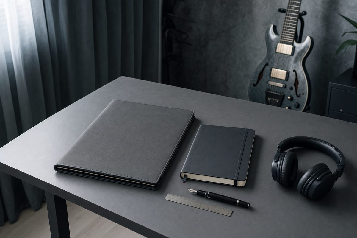 Cool blue-grey desk with a closed charcoal contract folder, closed notebook, blank paper, headphones, pen, ruler, and a guitar resting on a stand in the background, no readable text.