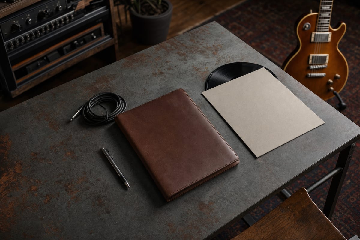 Dark rust-toned studio desk with a closed leather portfolio, blank sleeve, pen, cable, vinyl, and a resting guitar.